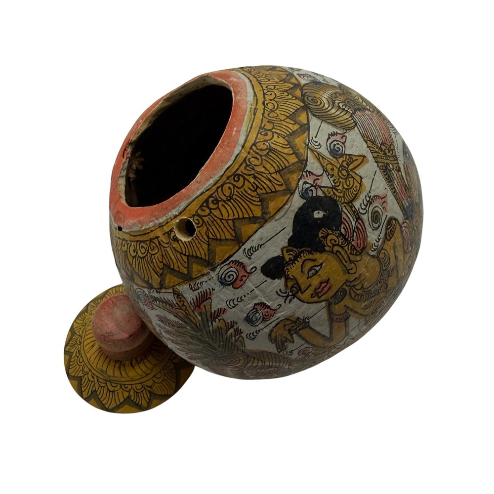 Vintage Balinese Hand Painted Coconut Shell Jar Kamasan Folk Art Lidded Pot